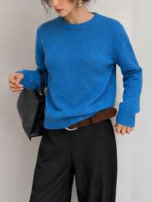 Women's New Autumn/Winter Solid Color Knit Pullover Long Sleeve Regular Fit Sweater, Warm And Comfortable, Light Blue, Suitable For Daily Wear - Blue - View 3