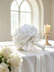 White Artificial Rose Bridal Bouquet, Rhinestone Decorated Satin Bow Long Ribbon Wedding Bouquet, Suitable For Bride Wedding Ceremony Party Decoration - Multicolor - View 4