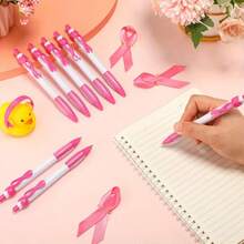 10pcs "Breast Health Care" Theme Ribbon Pens, Creative Pink Push-Button Ballpoint Pens, Breast Cancer Awareness Gifts, Unique Ribbon Clip Design, Spreading Hope And Care, Black Ink, Smooth Writing - Pink - View 7