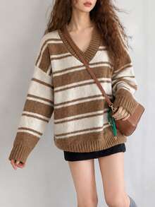 Women's New Autumn/Winter Casual Striped V-Neck Pullover Sweater - Khaki - View 3