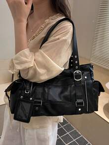 Solid Color Large Capacity Business Style Women's Bag, Simple And Fashionable Versatile PU Material Large Capacity Commuting Bag Crossbody Bag - Black - View 8