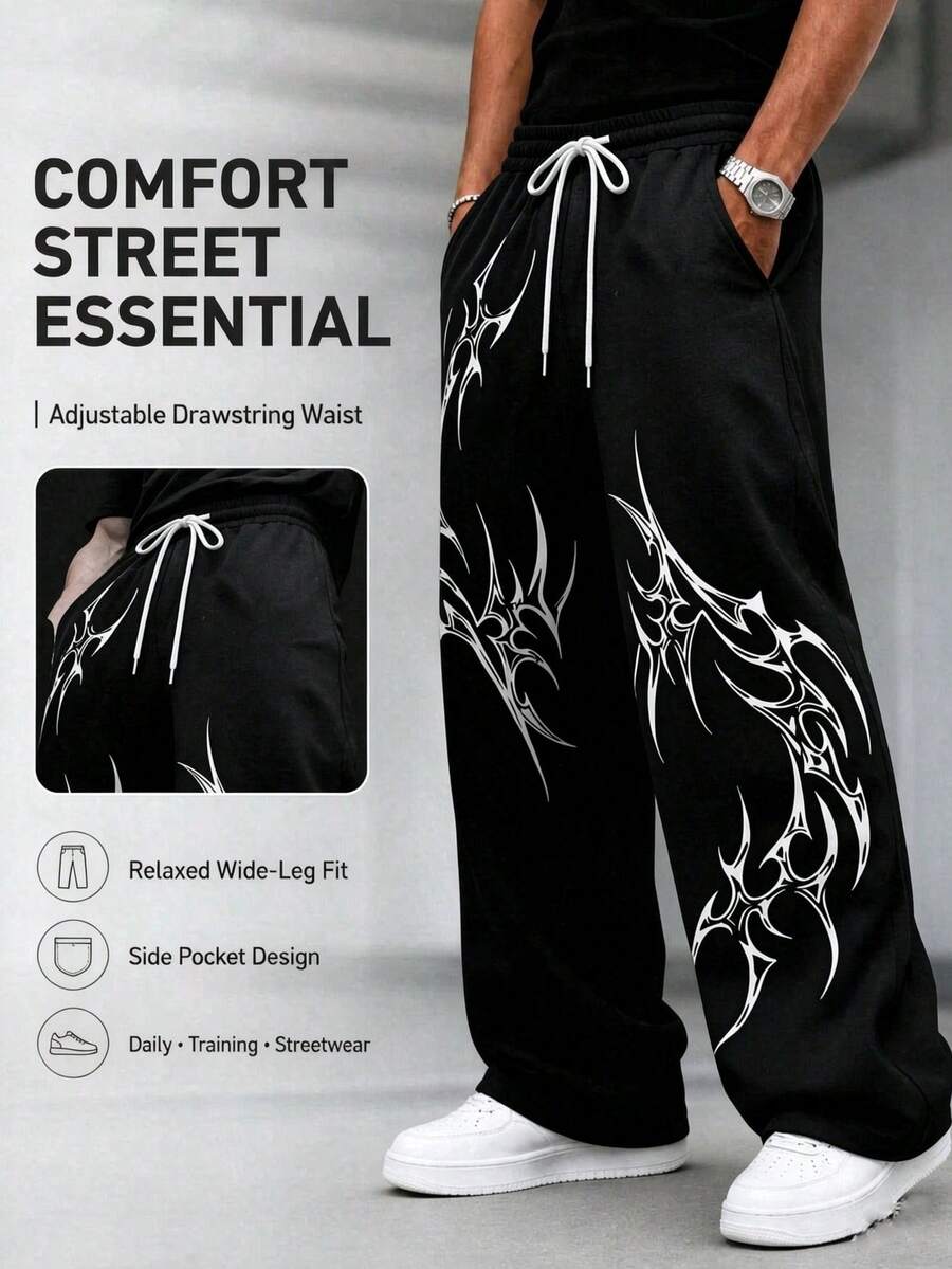 Y2K Gothic Print Flare Sweatpants Men's Elastic Drawstring Wide Leg Bootcut Streetwear Black Casual Long Pants