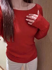 韓式簡約性感白色水鑽針織長袖女款秋冬毛衣，百搭優雅高端針織上衣 - 紅色 - 查看 5