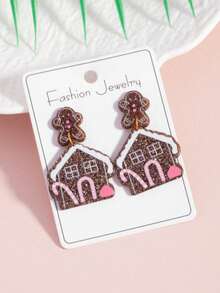 1 Pair Of Christmas Pendant Earrings, Fun And Cute Playful Design Party Earrings, New Year Earrings - Gingerbread House - View 3