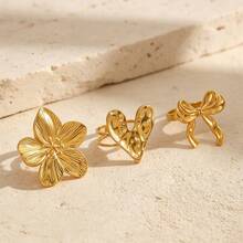 3pcs Elegant Flower Heart Bow Stainless Steel Gold Plated Open Ring Set For Women, Suitable For Daily Wear, Dating, Shopping, Party - As Shown - View 5