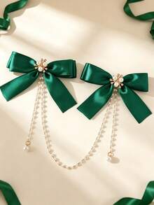 1pc Girls Green Pearl Flower Fabric Bow Hair Clip, Suitable For Daily And Holiday Use - Green - View 1