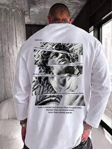 Men's Vintage David Statue Patchwork Back Print Short Sleeve T-Shirt, Loose Fit Artistic Streetwear Casual Top - White - View 3