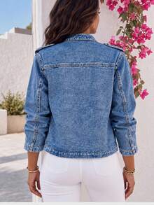 Women's Vintage Washed Denim Shacket, Front Button Design, Long Sleeve, Stand Collar Casual Denim Jacket - Blue - View 4