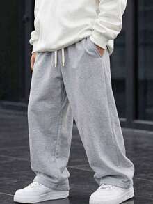 1pc Boys' New American Relaxed Style Wide Leg Sweatpants, Elastic Waist, Loose Drape Casual Long Pants, Spring/Autumn - Light Grey - View 3