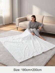 1pc Super Soft Large Striped Blanket, Halloween Decor, Bedroom Decor, Wide Striped Cut Pile Blanket, Autumn Home Decor, Pink Home Decor, Flannel, Soft Skin-Friendly Blanket, Christmas, Office Nap, Room Decor, Throw Blanket, Perfect Gift For Friends And Family - White - View 17
