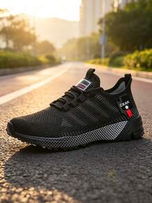Men's Plus Size Casual Breathable Sports Running Shoes Outdoor Fashion Solid Color Lightweight Training Sneakers - Solid Black - View 3
