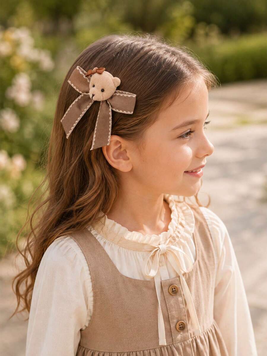 1pc Plush Bear Bow Hair Clip, Vintage Crocodile Clip For Girls Flower Girl, Autumn Children Daily Hair Accessory - Multicolor - View 1