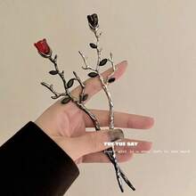 Vintage Branch Rose Hair Stick, Elegant Floral Hair Fork, Women's Daily Updo Accessory - Black + Beige - View 2