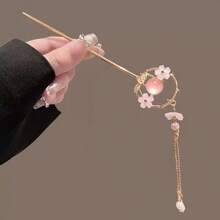 Elegant Cherry Blossom Tassel Hair Pin, National Style Cat Eye Stone Flower Hair Accessory, Hanfu Cheongsam Vintage Accessory - 2pcs Pink - View 4