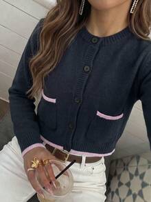 Women's Autumn/Winter New Round Neck Contrast Trim Knit Cardigan, Office Commute Wear, Business Professional Casual Daily Knit Top - Multicolor - View 6