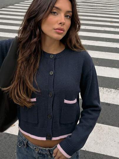 Women's Autumn/Winter New Round Neck Contrast Trim Knit Cardigan, Office Commute Wear, Business Professional Casual Daily Knit Top