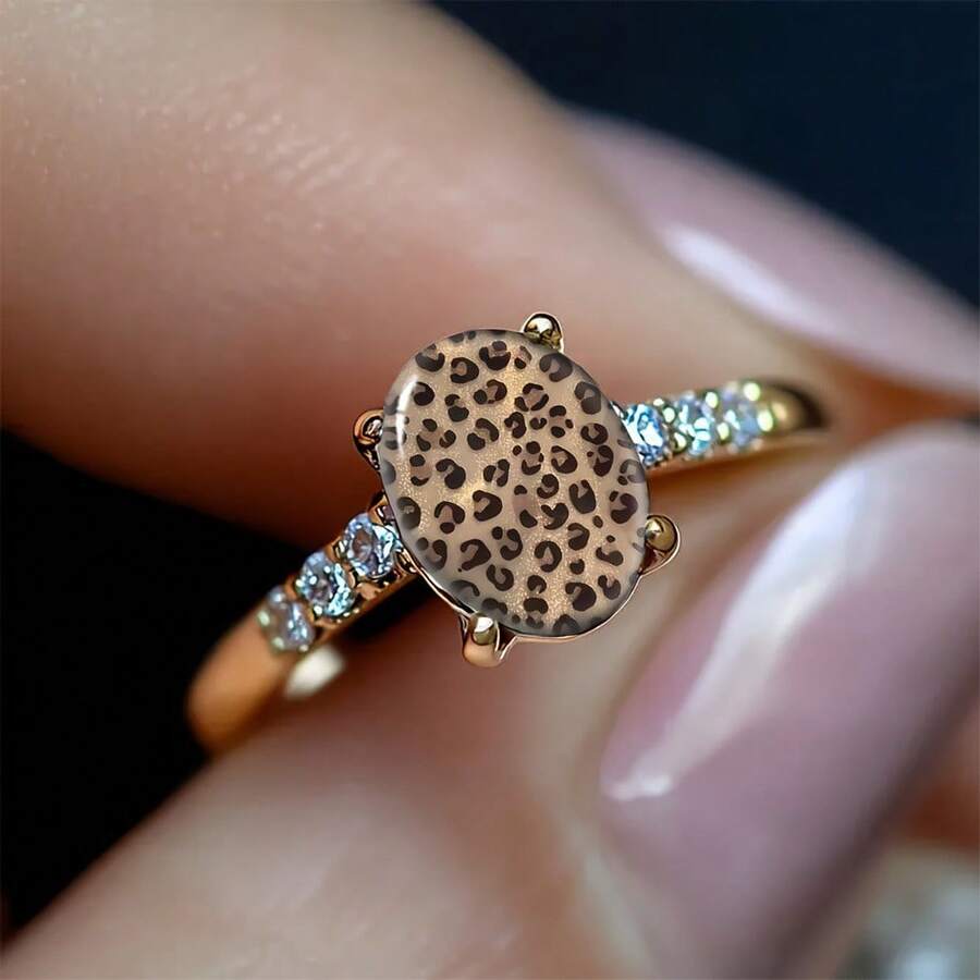 1 chiếc nhẫn đá oval họa tiết da báo, nạm zirconia viền vàng micro-pave, phong cách thu đông, nhẫn thời trang cá tính cho nữ - Vàng - Xem 1
