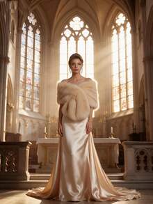 1pc Women's Winter Champagne Color Long Faux Fur Bridal Shawl Cape Coat - Champagne - View 3