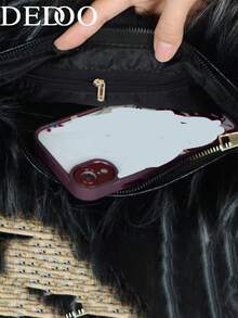 Dedoo Crescent Furry Underarm Bag, Gradient Color‑Shift Faux Fur, Metal Clasp Detachable Strap, Y2K Hot Girl Style For Autumn Winter Party For Ladies - Black - View 4