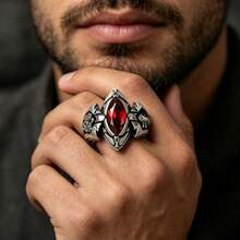 Punk Style Men's Ring With Red Zirconia Horse Eye, Gothic Carved Floral Pattern, Dark Personalized Accessory, Halloween Gift - Multicolor - View 4