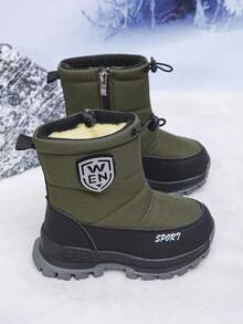 Children's Winter Snow Boots, Boys' Warm Suede Lining, Side Zipper Straps, Thick Soled Outdoor Boots Suitable For Infants And Young Children - Green - View 3