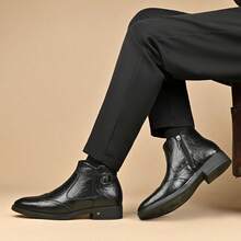 Autumn/Winter Men's Luxury Genuine Leather Chelsea Boots, Ankle High, Premium Slip-On, Buckle Strap, Carved Toe, Brown, Basic Style - Black - View 7