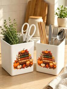 Autumn Theme Cozy Pumpkin Book Stack Storage Box, Desktop Organizer Container, Can Hold Makeup Brushes, Pens, Remote Controls, Tableware And Small Items. Compact Space-Saving Storage Item, Suitable For Bathroom, Kitchen - Multicolor - View 4