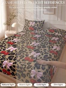 1pc Brown Leopard Print Cherry Bow Pattern Fitted Sheet, Branch Pattern Mattress Protector, Fitted Sheet, Soft & Breathable, -Twin, Full, Queen, King, Deep Pocket Design Up To 11.8 Inches, Machine Washable. Back To School Dorm Essential - Multicolor - View 4