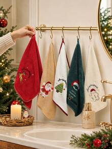 5/2/1pc 13.8*29.5 Inch Hanging Coral Fleece Towel, Christmas Gift, Embroidered Reindeer Tree Pattern, Super Soft Absorbent Quick Dry Face Towel, Hair Wrap, Shower, Makeup Removal, Christmas Bathroom Home Decor - Multicolor - View 3
