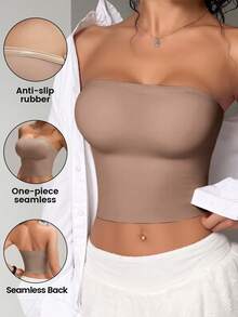 1pc Women's Solid Color Casual Bra, Wire-Free Removable Padding Strapless Anti-Slip Bandeau, Comfortable Seamless Design Suitable For Multiple Occasions And All Seasons - Brown - View 4