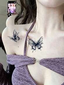 6pcs Herbal Temporary Tattoo Sticker, Ink‑Wash Style Butterfly Moon And Star Pattern, Realistic Fake Tattoo Design, Suitable For Daily Wear, Bachelorette Party Favors, Music Festivals, Game Events, Graduation Gifts, Lasts 7‑14 Days - Black - View 6