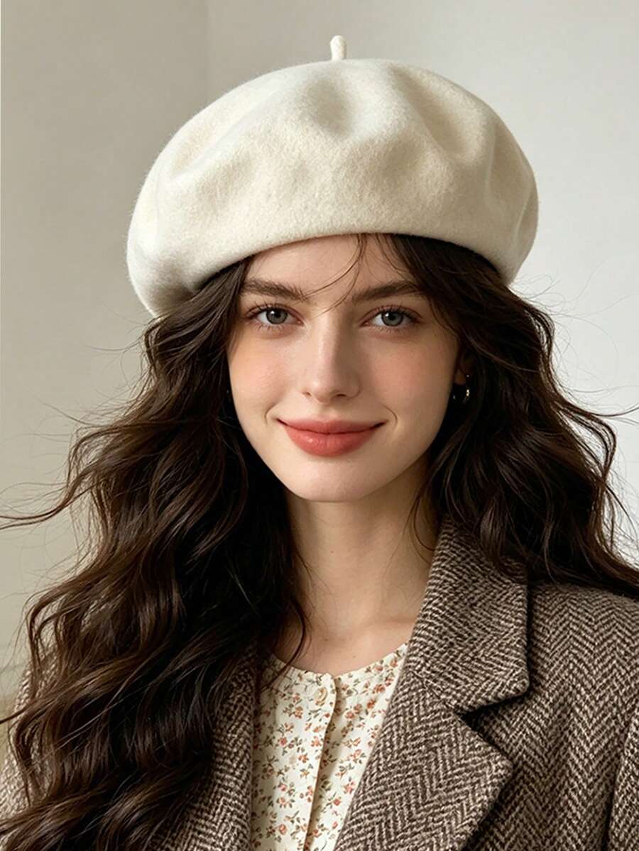 1PC Women's Classic Beret Hat, Premium Autumn/Winter Vintage Literary Style, Solid Color Minimalist Wool Beret - A - View 1
