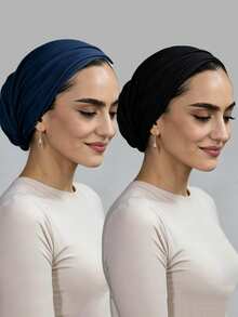2pcs Modal Hijab Caps Adjustable Jersey Wraps Solid Color Basic Muslim Headscarf Underscarf For Women - Black + Navy Blue - View 16