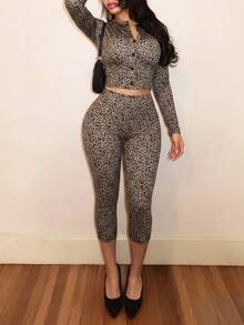 Women's Casual Leopard Print Two Pieces Outfit With Cardigan Collar Crop Top And Capri Leggings, Medium Stretch Fabric - Khaki - View 5