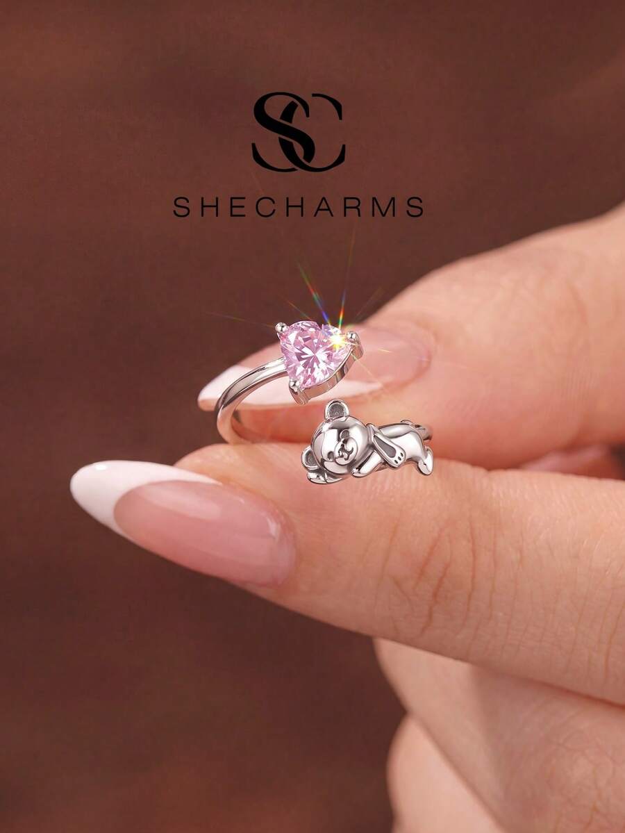 1pc Fashion Rhinestone Heart Bear Open Ring, Women's Daily Wear Party Accessory, Exquisite Jewelry Gift
