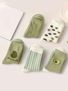 5 Pairs Random Women's Winter Socks, Fresh Green Avocado Design, Fleece‑Lined Thick Thermal Mid‑Calf Terry Socks, Home Sleep Socks For Cold Weather - Multicolor - View 5