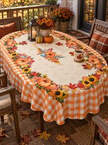 1pc Fall Pumpkin Sunflower Tablecloth, Polyester Rectangular Table Cover With Orange Gingham, Maple Leaf And Floral Border Print, Autumn Decor, Fall Home Decor, Interior Decor, Thanksgiving, Autumn Party, Interior Decoration, Kitchen Decor - Multicolor - View 9