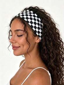 1pc Women's Checkerboard Headband, Black & White Checkerboard Wide Elastic Hair Hoop, Retro Y2K Non-Slip Hair Accessory, Holiday Autumn Style - Multicolor - View 6