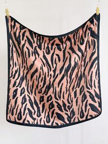 1 Pc New Fashionable Design Retro Zebra Print Women's Imitation Silk Scarf Hair Versatile Square Bandana Sunscreen Shawl Daily Vacation Decor Ribbon. - Brown - View 2