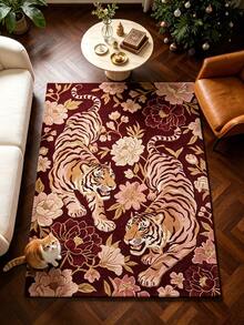1pc Red Tiger Living Room Rug, Thickened Carpet, Plush Rug, Autumn/Winter Rug, Living Room Area Rug, Small Area Rug, Mat, Home Decor, Large Living Room Rug, Round Rug, Living Room Home Decor, Room Decor, Washable Rug - Multicolor - View 2