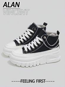 Alan Vincent 女款新款厚底防水台黑色帆布鞋，繫帶高筒帆布運動休閒鞋，時尚百搭女鞋，附銀色鏈條裝飾，可愛風格 - 黑色 - 查看 10