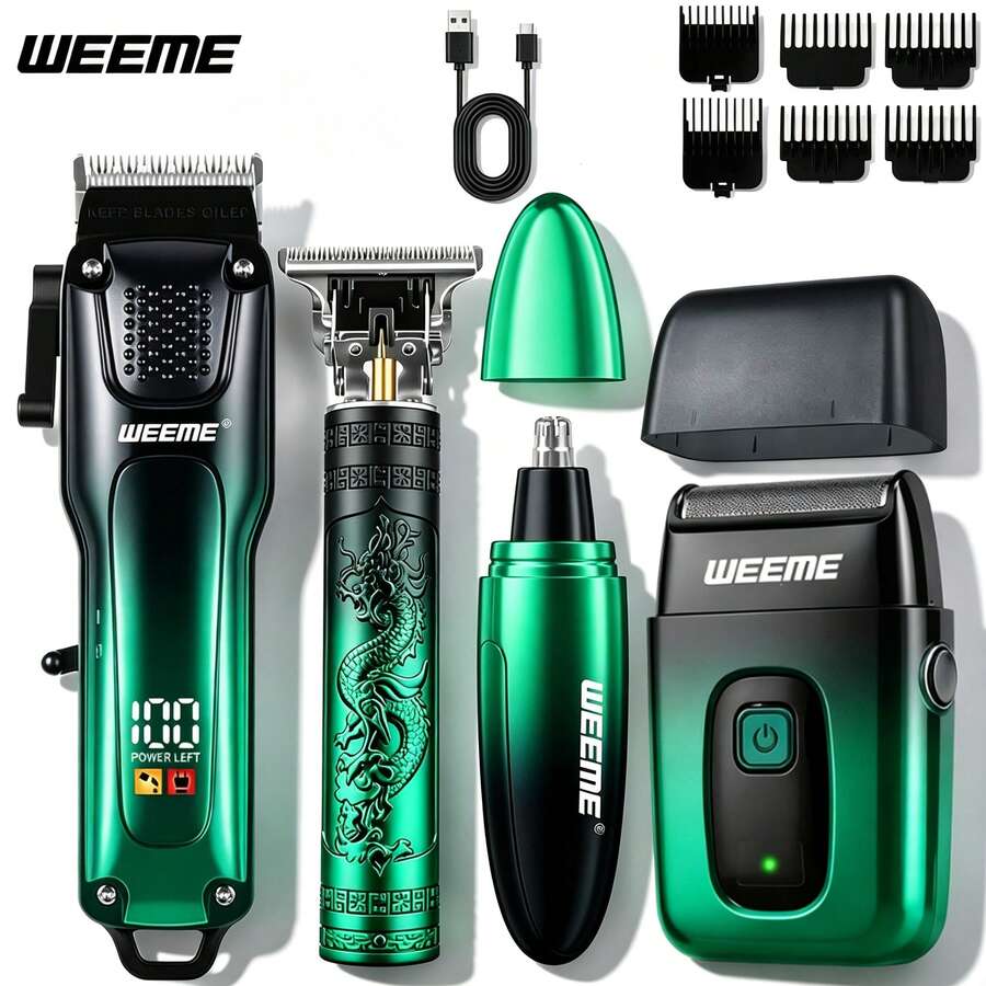 WEEME 4 In 1 Hair Clippers For Men Set Professional, Cordless Men Hair Trimmer + Electric Shavers, Barber Kit For Nose, Body & Bald Head Grooming, LED Display, Precision Cutting, USB Rechargeable, Home & Barber Use(Gradient Green)