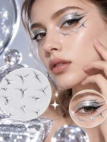 1pc Silver Y2K Cyber Sharp Angle Eye Sticker, Sharp Trident Star Multi-Angle Shape Patch, Shiny Silver Long-Lasting And Not Easily Faded, Adheres Naturally Without Curling, Suitable For Cosplay Halloween Party, Girls Face Sticker, Apply To Eye Corner And Cheekbone, Cyberpunk Festival Stage Makeup - Black - View 5