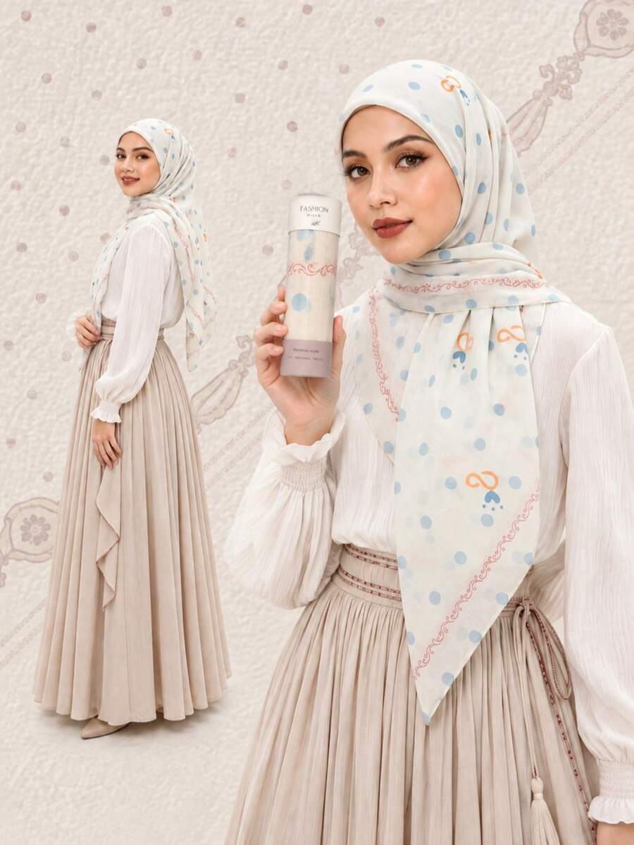 1PC Women's New 110cm Polka Dot Print Fashion Square Scarf, Lightweight Breathable Soft Comfortable Versatile Headscarf, Square Scarf, Voile Hijab, Floral, Elegant Elegant Sun Protection Decorative Headscarf, Printed Hijab, Multi-Functional Square Scarf Bag Accessory Clothing, Premium Cylinder Packaging, Suitable For Holiday Gifts, Suitable For Daily Outings, Suitable For All Seasons - Beige Blue Polka Dot - Gift Box - View 1