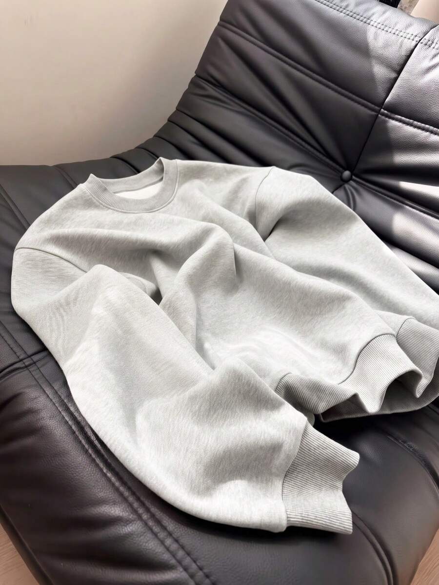 Basic Crew Neck Sweatshirt For Women, Loose Fit Heather Grey Top For Autumn/Winter, Suitable For Casual And Sports Wear - Flower Gray - View 1