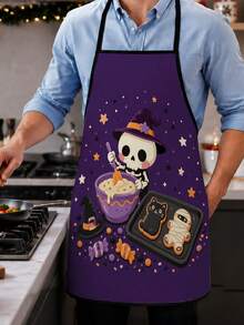 1pc Halloween Skeleton Witch Funny Pattern Apron, Cute Ghost Design Elements, Suitable For Party Baking And Kitchen Decoration, Create Festive Atmosphere Halloween Kitchen Supplies - Multicolor 3 - View 3
