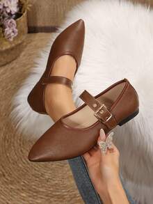 French Vintage Brown Pointed Toe Buckle Flat Ballet Shoes For Women, Soft Low Vamp Commuter Shoes - Brown - View 1