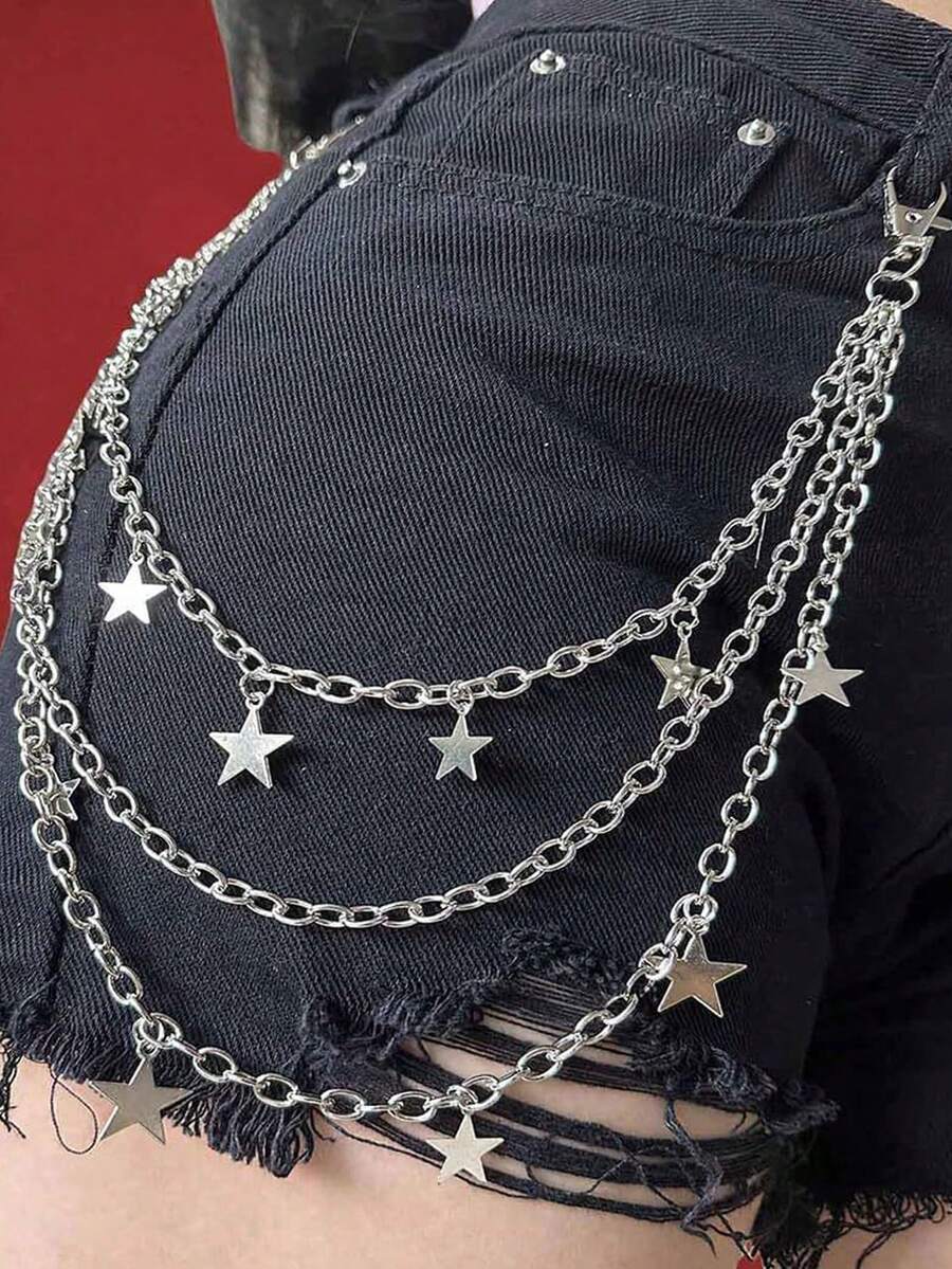 1pc Hip Hop Punk Star Pendant Tassel Waist Chain Pants Chain, Street Fashion Unisex Accessory, Y2K Style Metal Chain Jeans Accessory - Multicolor - View 1