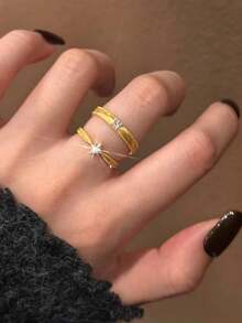 2pcs Luxury Vintage Brushed Texture Square Zirconia Ring Set, Minimalist Exquisite Super Shiny Square Diamond Geometric Couple Rings, Adjustable, Suitable For Women's Daily Wear - Gold - View 3