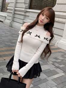 Apricot Lace Patchwork Bow Long Sleeve Knit Sweater Women Autumn/Winter Gentle Style Slim Fit Base Layer Top - Apricot - View 3